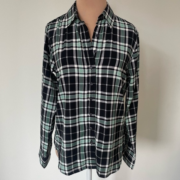 The Shirt by Rochelle Behrens Black White Green Plaid Icon Button Up NWOT Sz XS - Picture 1 of 8